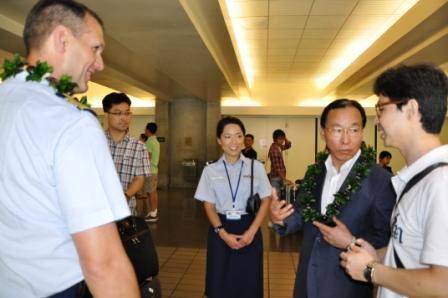 Auxiliary Korean Interpreter, Jihwan Baek (center) and CAPT Greg Buxa (1st left) welcomed members of Korean Coast Guard delegation.